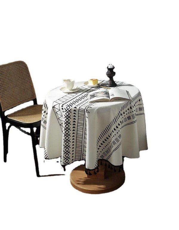 Flying cat cross border Bohemian black geometric printing black tassel round table cloth household table cloth tea table cover towel 