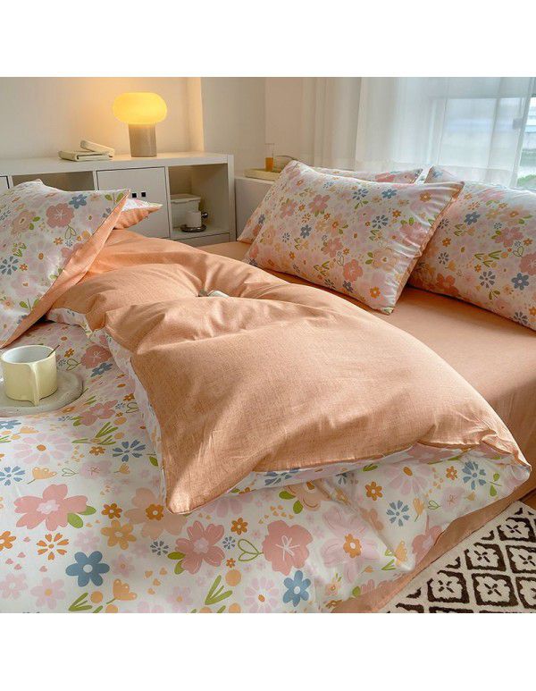 Simple small floral pure cotton 4-piece set on bed, 60 pieces of pure cotton, small and fresh bed sheets, fitted sheets, 3-piece set wholesale