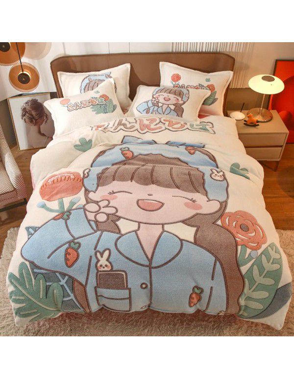 Micro business explosion large version cartoon snowflake velvet four piece set coral velvet winter Plush quilt cover bed sheet double-sided flannel 