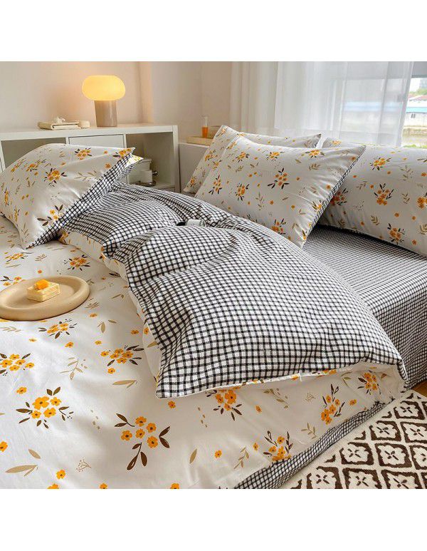 Simple small floral pure cotton 4-piece set on bed, 60 pieces of pure cotton, small and fresh bed sheets, fitted sheets, 3-piece set wholesale