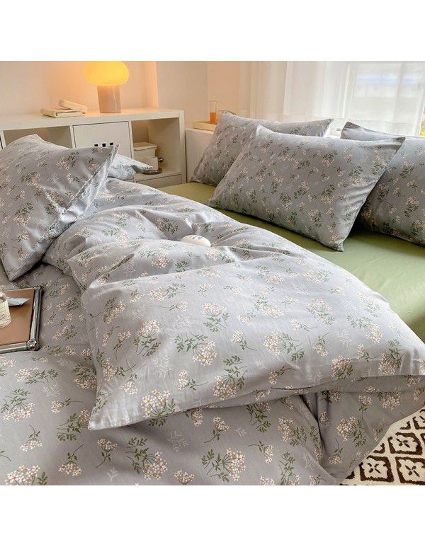 Simple small floral pure cotton 4-piece set on bed, 60 pieces of pure cotton, small and fresh bed sheets, fitted sheets, 3-piece set wholesale