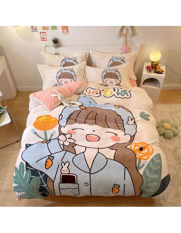 Micro business explosion large version cartoon snowflake velvet four piece set coral velvet winter Plush quilt cover bed sheet double-sided flannel 