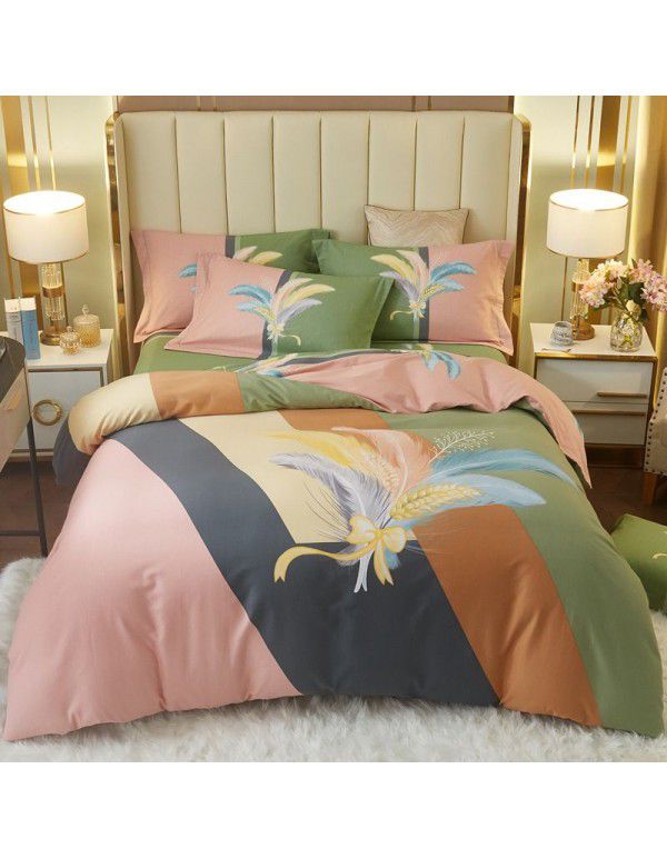 Thickened ground cotton four piece set 100 cotton bedding autumn and winter quilt cover bed sheet three piece set 4 