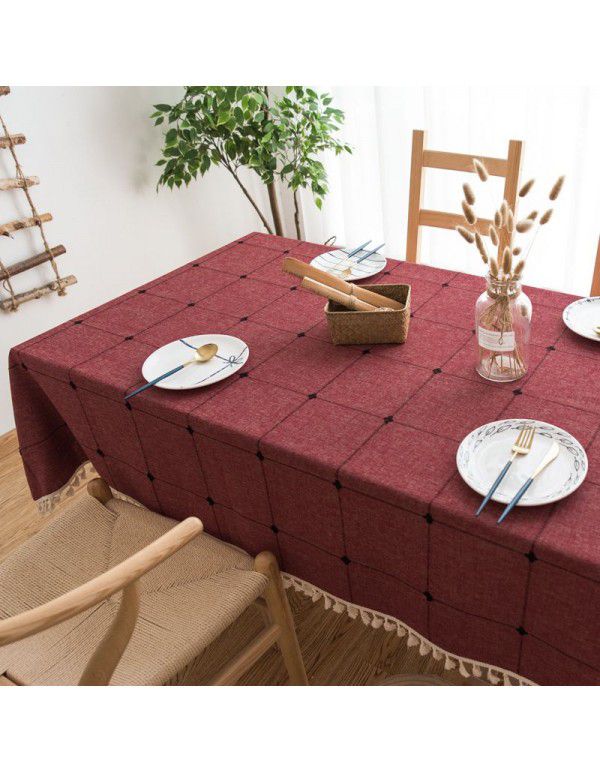 Modern simple cotton linen solid color square grid dustproof tablecloth rectangular tassel tea table table hotel tablecloth table mat 