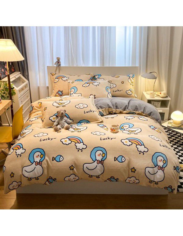 Micro business explosion large version cartoon snowflake velvet four piece set coral velvet winter Plush quilt cover bed sheet double-sided flannel 