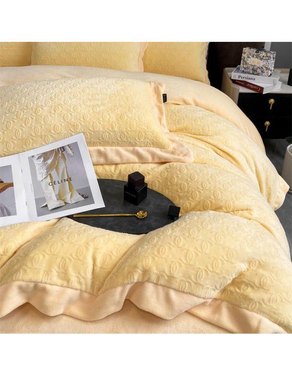 Winter thickened coral fleece milk fleece four piece set double faced Plush quilt cover sheet flannel bedding package mail 