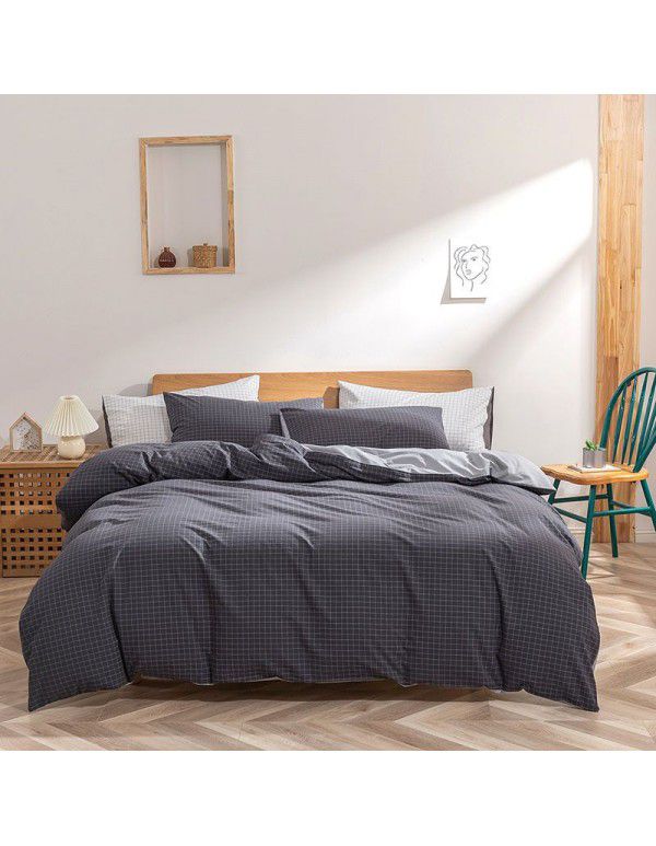 Aifeiyang cotton washing cotton kit pure cotton simple bedding four piece set 1.8m quilt cover bed sheet dark gray small grid gray 