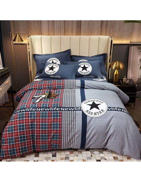 Thickened ground cotton four piece set 100 cotton bedding autumn and winter quilt cover bed sheet three piece set 4 