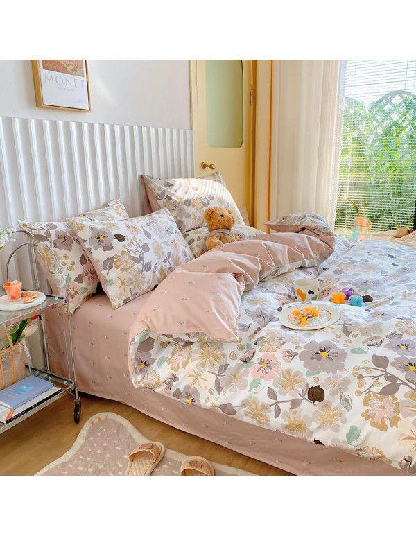 Simple small floral pure cotton 4-piece set on bed, 60 pieces of pure cotton, small and fresh bed sheets, fitted sheets, 3-piece set wholesale