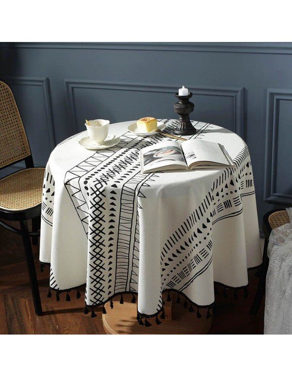 Flying cat cross border Bohemian black geometric printing black tassel round table cloth household table cloth tea table cover towel 