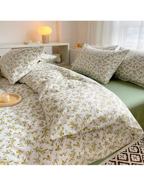 Simple small floral pure cotton 4-piece set on bed, 60 pieces of pure cotton, small and fresh bed sheets, fitted sheets, 3-piece set wholesale