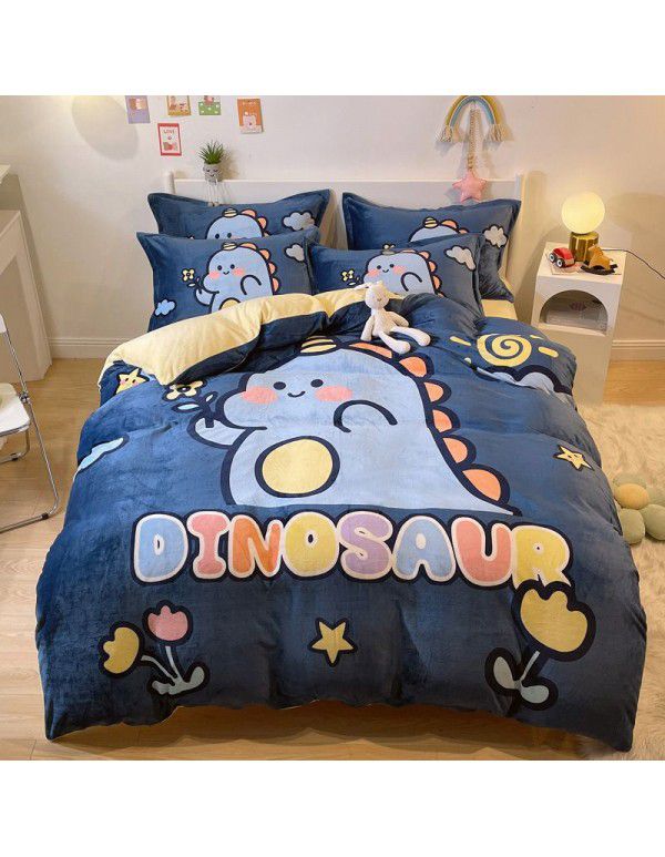 Micro business explosion large version cartoon snowflake velvet four piece set coral velvet winter Plush quilt cover bed sheet double-sided flannel 