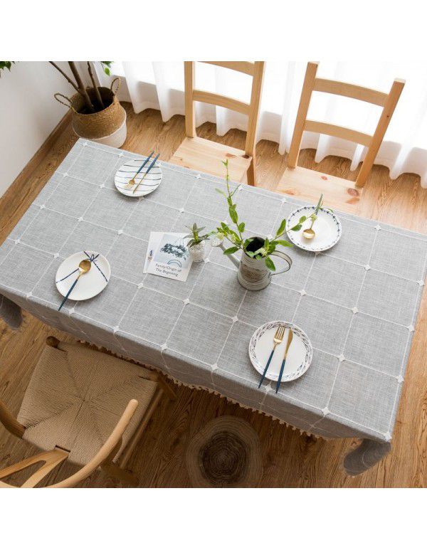 Modern simple cotton linen solid color square grid dustproof tablecloth rectangular tassel tea table table hotel tablecloth table mat 