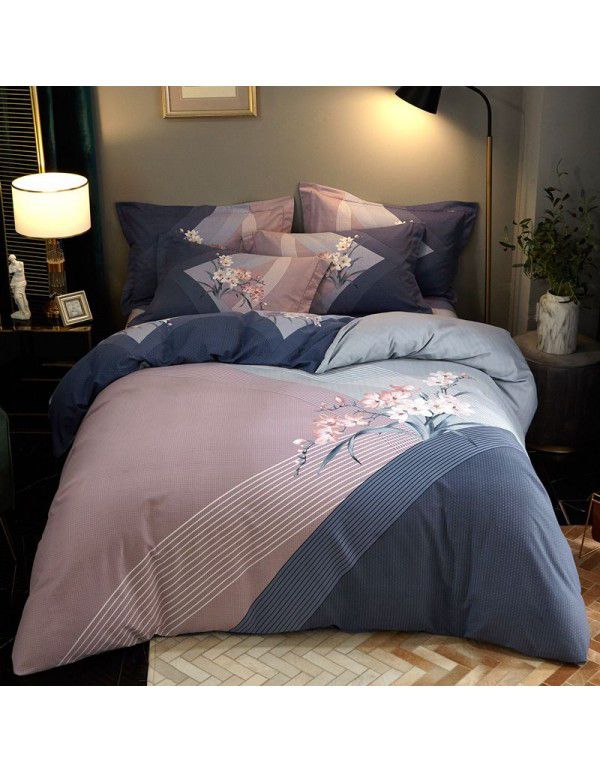 Thickened ground cotton four piece set 100 cotton bedding autumn and winter quilt cover bed sheet three piece set 4 