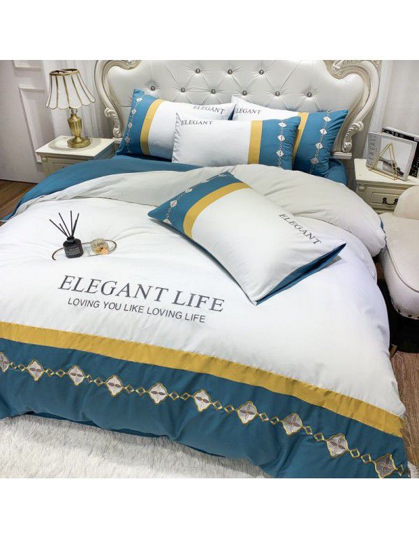 The manufacturer directly supplies 60 pieces of ground wool four piece sets of light luxury embroidered quilt sets, sheets, fitted sheets and four seasons bedding wholesale 