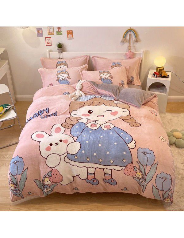 Micro business explosion large version cartoon snowflake velvet four piece set coral velvet winter Plush quilt cover bed sheet double-sided flannel 