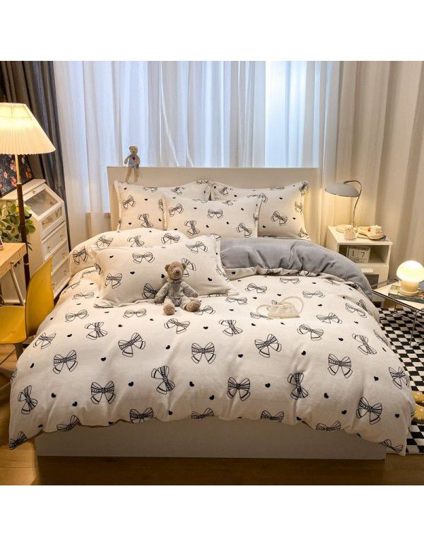 Micro business explosion large version cartoon snowflake velvet four piece set coral velvet winter Plush quilt cover bed sheet double-sided flannel 