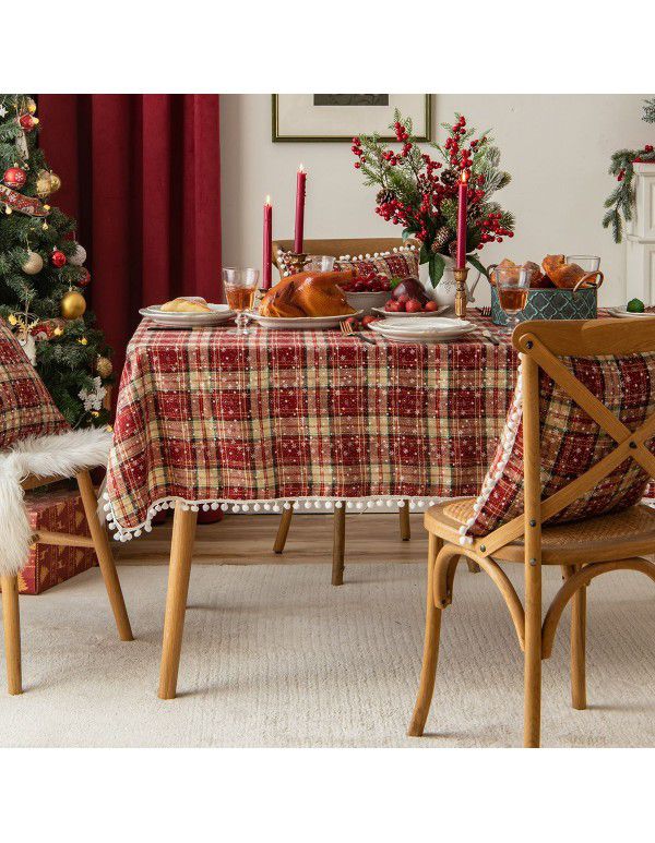 Christmas tablecloth, table cloth, decorative wool ball, Western food table mat, cotton, hemp, snowflake tablecloth, tablecloth 