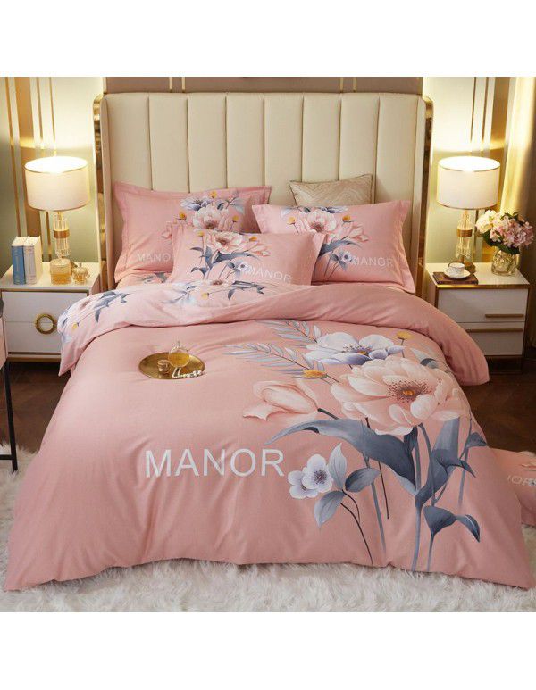 Thickened ground cotton four piece set 100 cotton bedding autumn and winter quilt cover bed sheet three piece set 4 