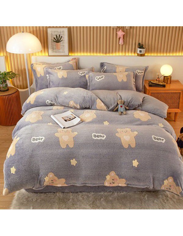 Micro business explosion large version cartoon snowflake velvet four piece set coral velvet winter Plush quilt cover bed sheet double-sided flannel 