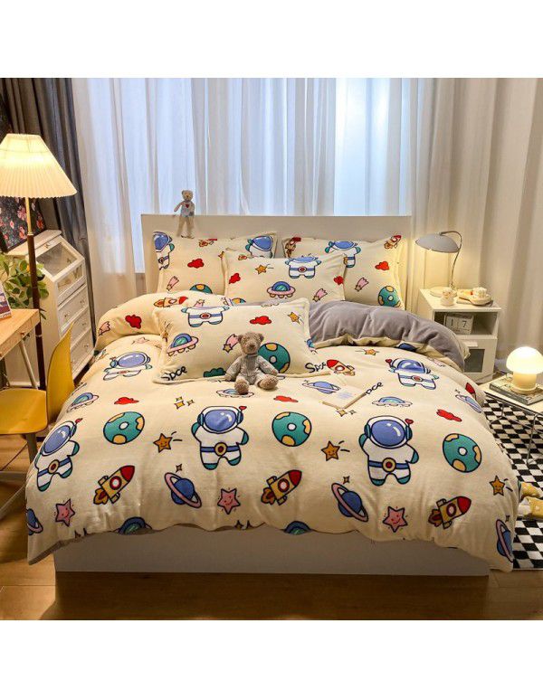 Micro business explosion large version cartoon snowflake velvet four piece set coral velvet winter Plush quilt cover bed sheet double-sided flannel 