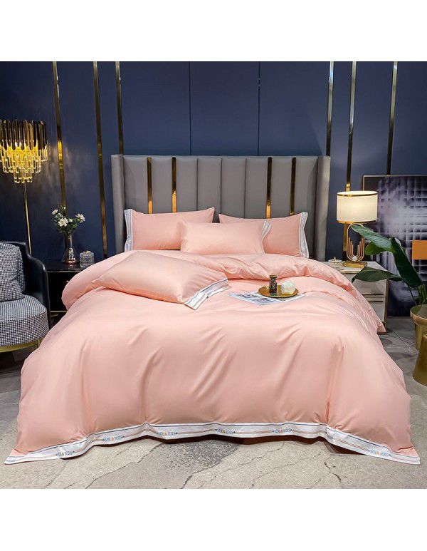 Manufacturer wholesale solid color embroidery thickened four piece quilt cover, bed sheet, double three piece fitted sheet, bed products issued on behalf 