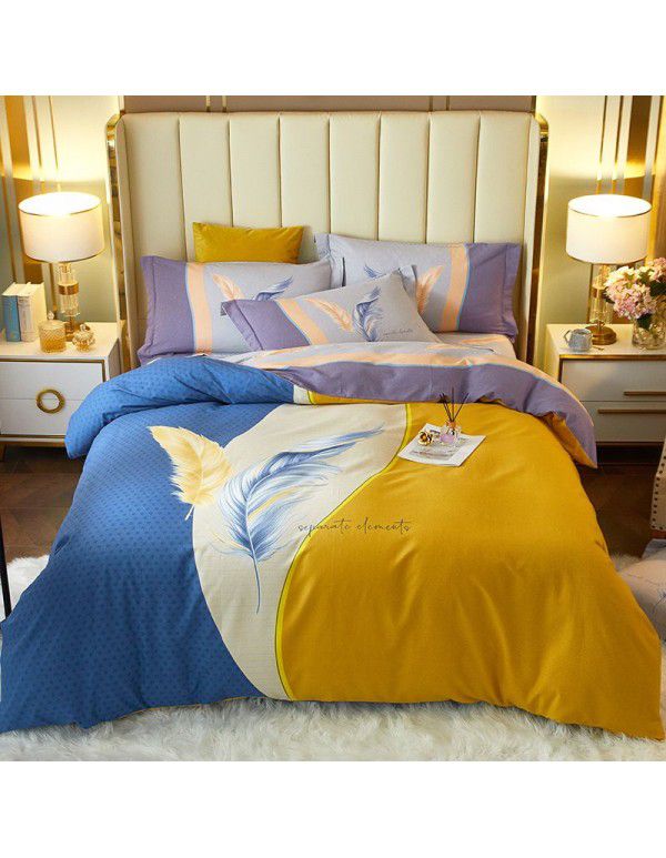 Thickened ground cotton four piece set 100 cotton bedding autumn and winter quilt cover bed sheet three piece set 4 