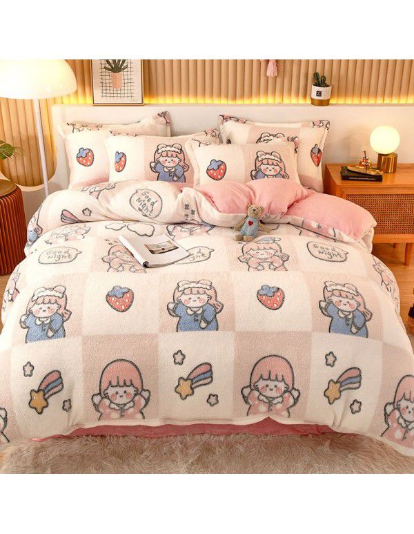 Micro business explosion large version cartoon snowflake velvet four piece set coral velvet winter Plush quilt cover bed sheet double-sided flannel 