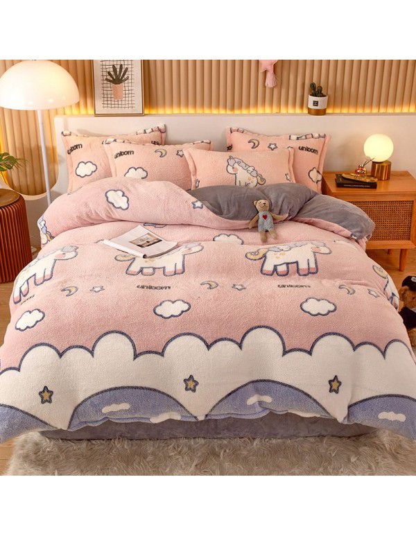 Micro business explosion large version cartoon snowflake velvet four piece set coral velvet winter Plush quilt cover bed sheet double-sided flannel 