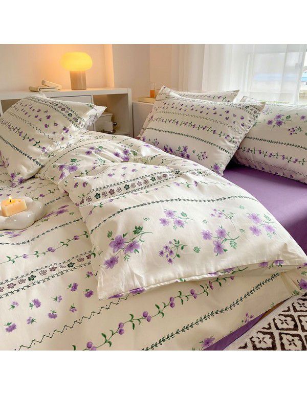 Simple small floral pure cotton 4-piece set on bed, 60 pieces of pure cotton, small and fresh bed sheets, fitted sheets, 3-piece set wholesale