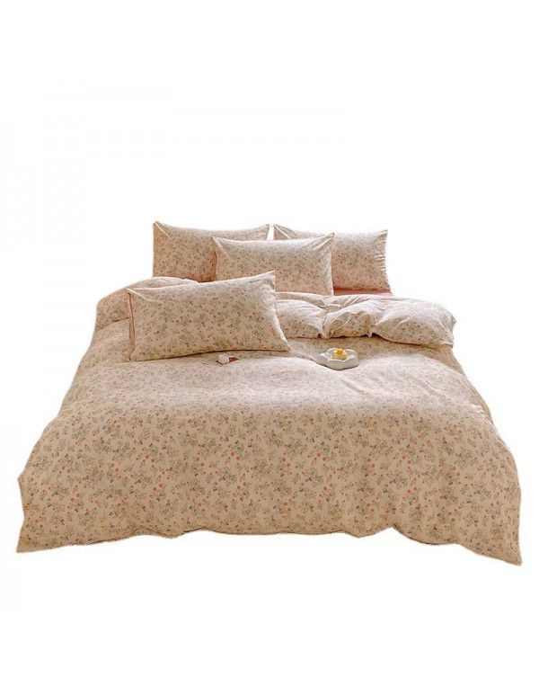 Simple small floral pure cotton 4-piece set on bed, 60 pieces of pure cotton, small and fresh bed sheets, fitted sheets, 3-piece set wholesale