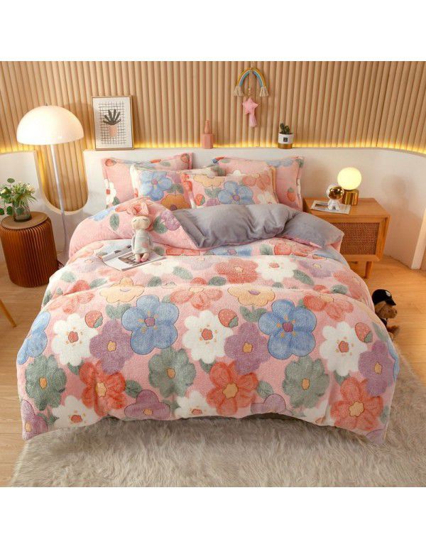 Micro business explosion large version cartoon snowflake velvet four piece set coral velvet winter Plush quilt cover bed sheet double-sided flannel 