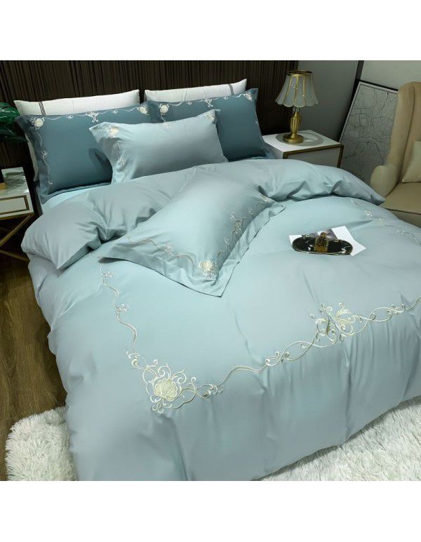 The manufacturer directly supplies 60 pieces of ground wool four piece sets of light luxury embroidered quilt sets, sheets, fitted sheets and four seasons bedding wholesale 