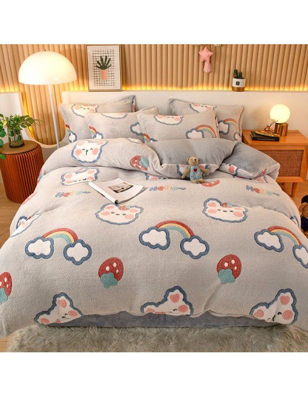 Micro business explosion large version cartoon snowflake velvet four piece set coral velvet winter Plush quilt cover bed sheet double-sided flannel 