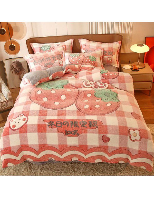 Micro business explosion large version cartoon snowflake velvet four piece set coral velvet winter Plush quilt cover bed sheet double-sided flannel 