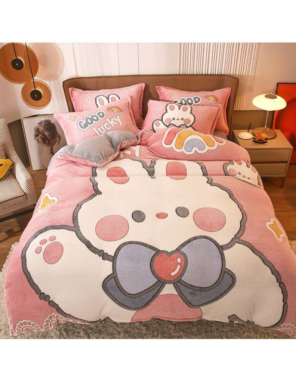 Micro business explosion large version cartoon snowflake velvet four piece set coral velvet winter Plush quilt cover bed sheet double-sided flannel 