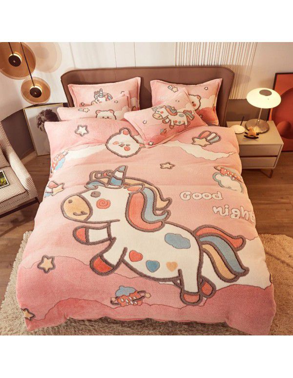 Micro business explosion large version cartoon snowflake velvet four piece set coral velvet winter Plush quilt cover bed sheet double-sided flannel 