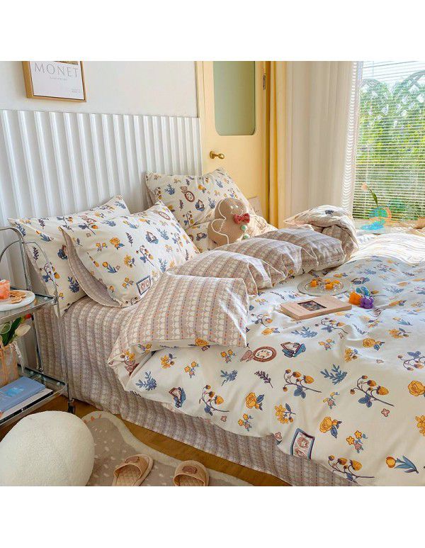 Simple small floral pure cotton 4-piece set on bed, 60 pieces of pure cotton, small and fresh bed sheets, fitted sheets, 3-piece set wholesale