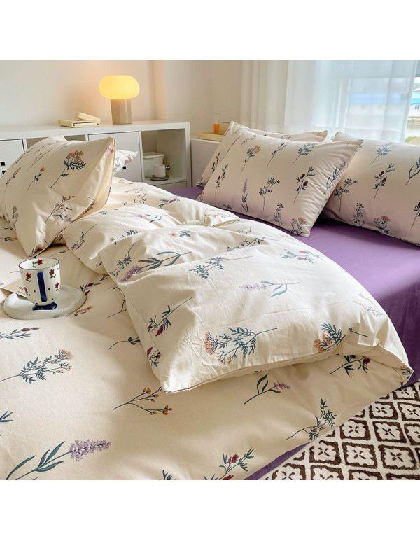 Simple small floral pure cotton 4-piece set on bed, 60 pieces of pure cotton, small and fresh bed sheets, fitted sheets, 3-piece set wholesale