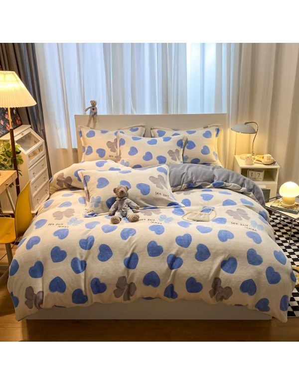 Micro business explosion large version cartoon snowflake velvet four piece set coral velvet winter Plush quilt cover bed sheet double-sided flannel 