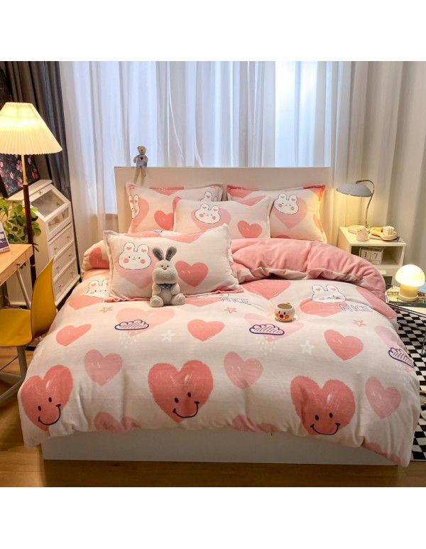 Micro business explosion large version cartoon snowflake velvet four piece set coral velvet winter Plush quilt cover bed sheet double-sided flannel 