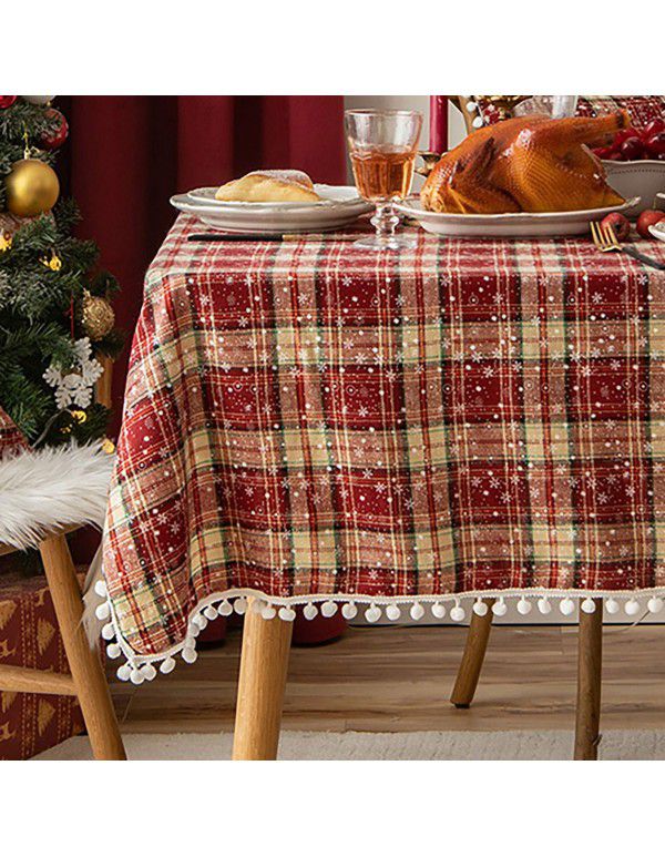 Christmas tablecloth, table cloth, decorative wool ball, Western food table mat, cotton, hemp, snowflake tablecloth, tablecloth 