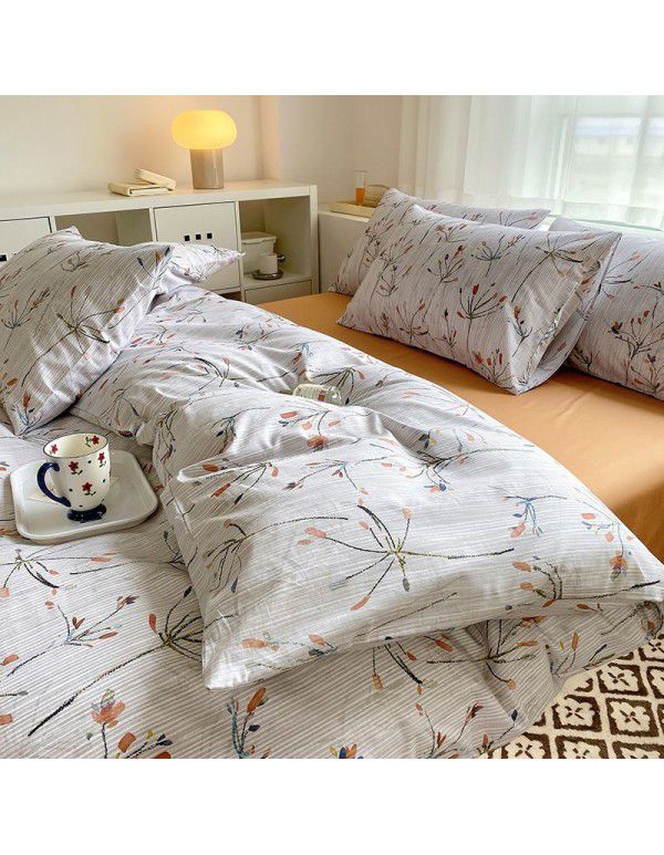 Simple small floral pure cotton 4-piece set on bed, 60 pieces of pure cotton, small and fresh bed sheets, fitted sheets, 3-piece set wholesale