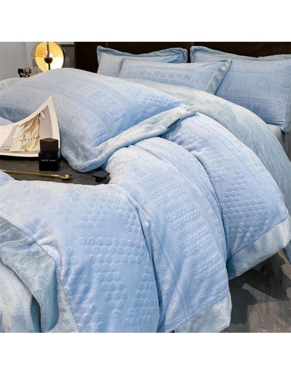 Winter thickened coral fleece milk fleece four piece set double faced Plush quilt cover sheet flannel bedding package mail 