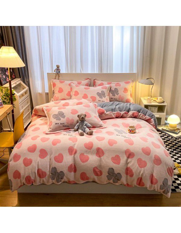 Micro business explosion large version cartoon snowflake velvet four piece set coral velvet winter Plush quilt cover bed sheet double-sided flannel 