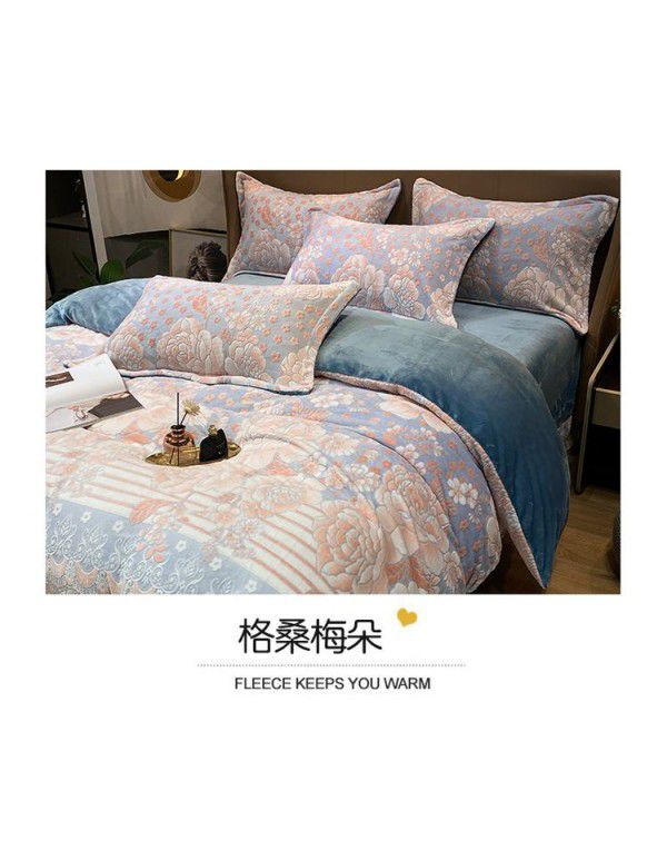 Winter thickened coral fleece milk fleece four piece set double faced Plush quilt cover sheet flannel bedding package mail 