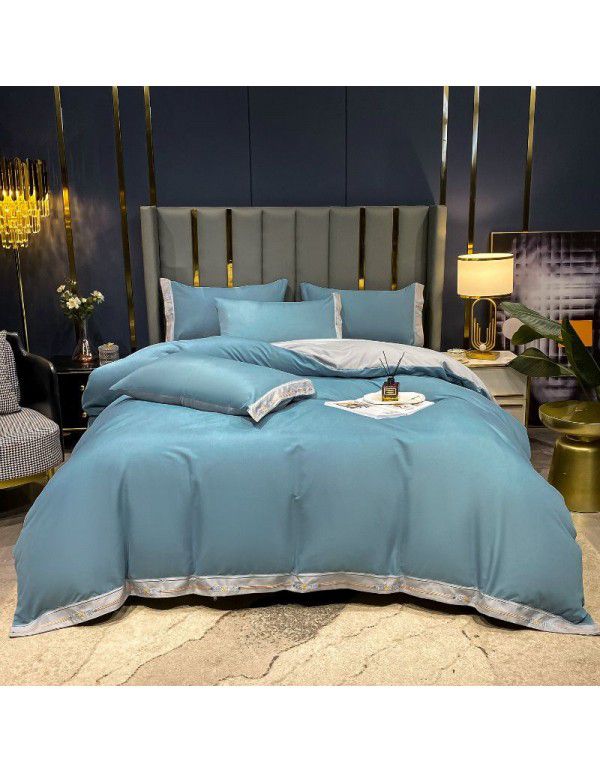 Manufacturer wholesale solid color embroidery thickened four piece quilt cover, bed sheet, double three piece fitted sheet, bed products issued on behalf 