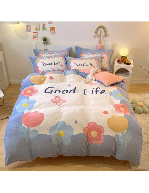 Micro business explosion large version cartoon snowflake velvet four piece set coral velvet winter Plush quilt cover bed sheet double-sided flannel 