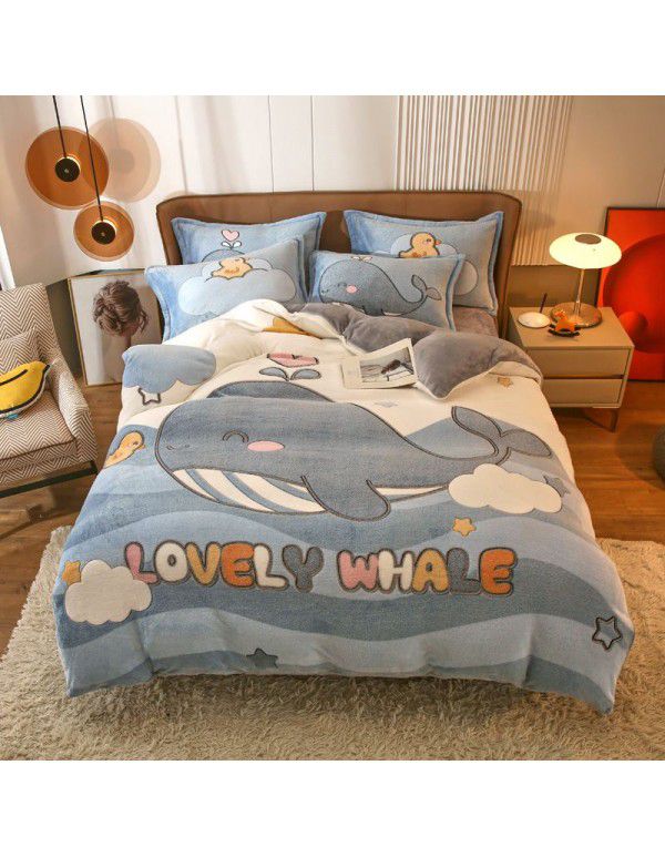 Micro business explosion large version cartoon snowflake velvet four piece set coral velvet winter Plush quilt cover bed sheet double-sided flannel 