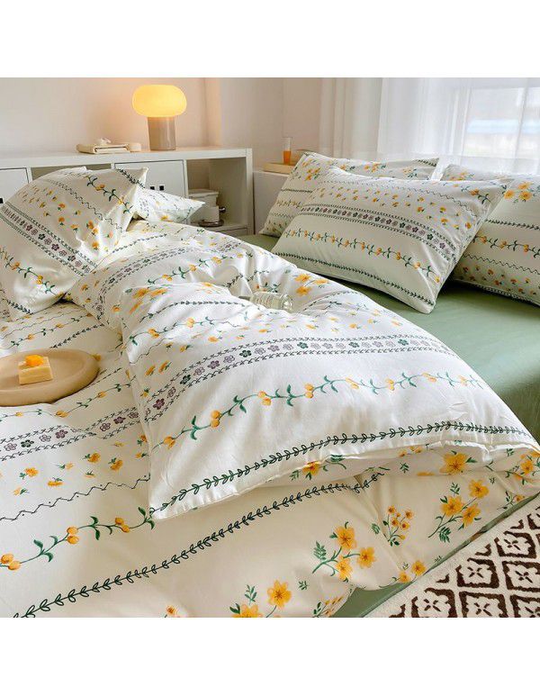 Simple small floral pure cotton 4-piece set on bed, 60 pieces of pure cotton, small and fresh bed sheets, fitted sheets, 3-piece set wholesale